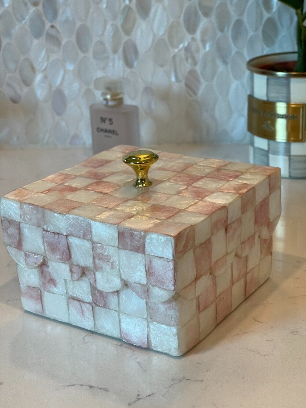 MacKenzie-Childs Rosy Check Hue Capiz Keepsake Box